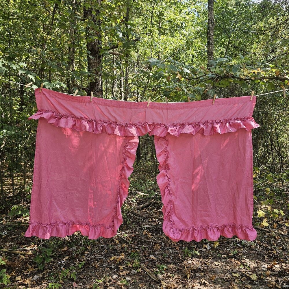 Retro Pink Ruffled Curtain Set With Attached Valance 46x66"